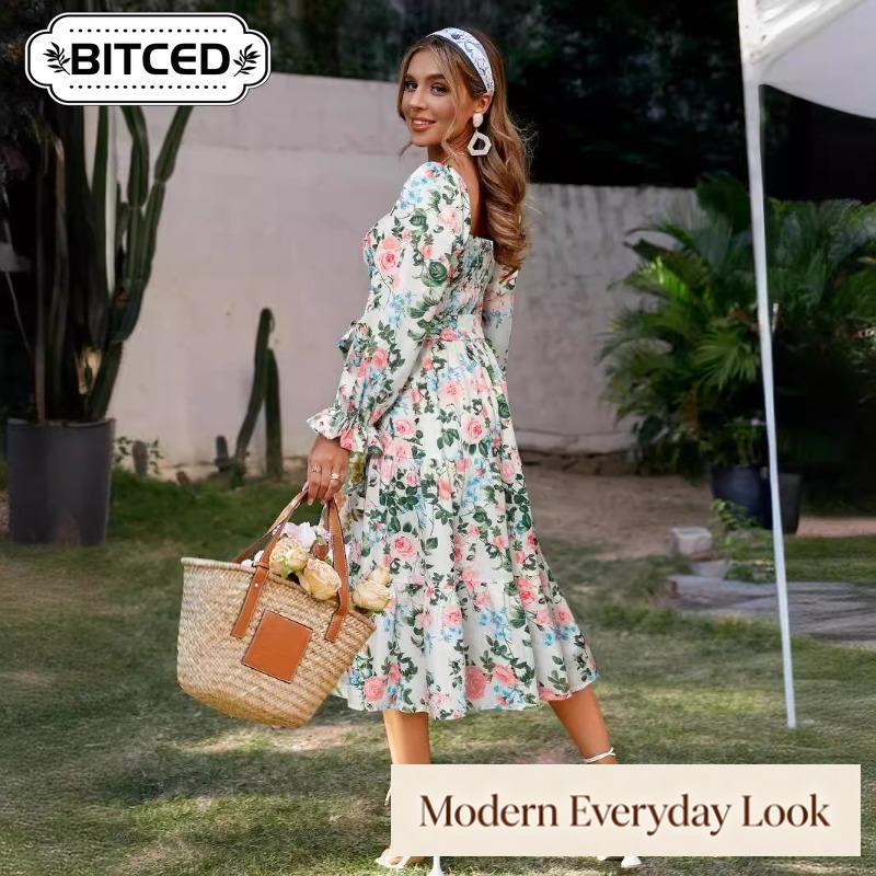 BITCED Fashion Summer Spring Long Sleeve Square Collar Casual Dresses