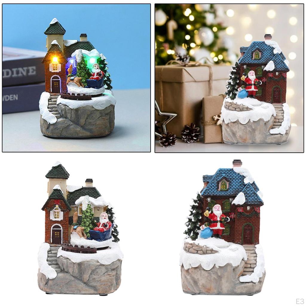 Music Box with , Desktop Ornaments Village Colorful Lights, Santa Snowy House Decoration for