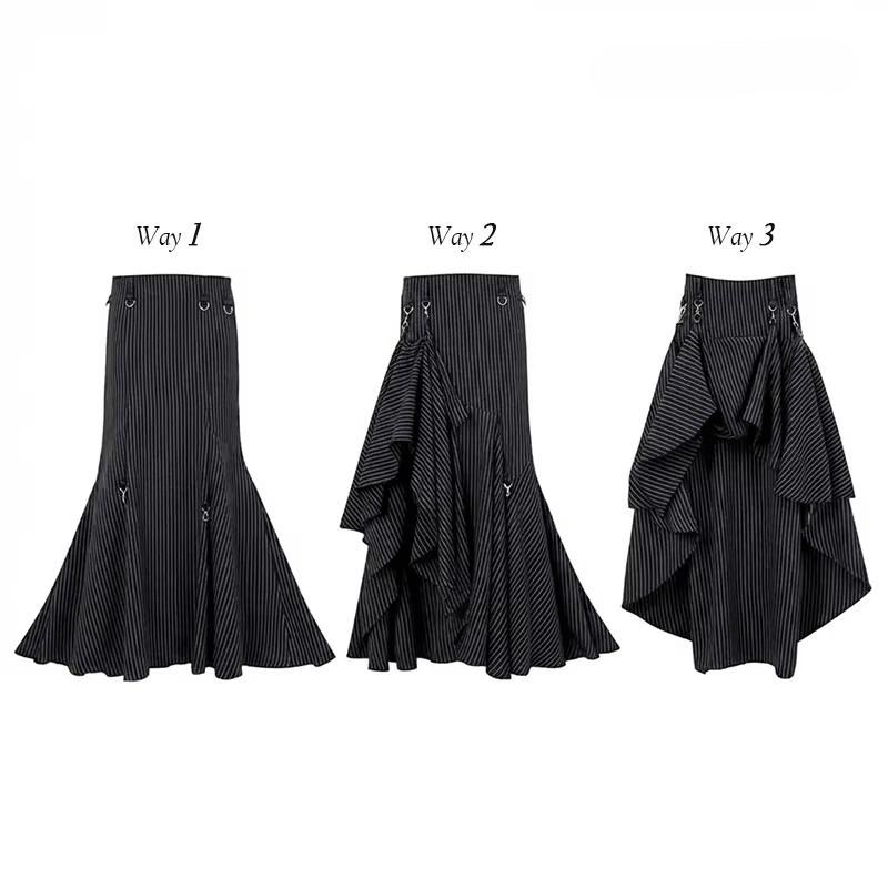 Reddachic Black Striped Suit Skirt Grunge Retro 3-Way Fishtail High-Low Maxi Long Train Skirt Gothic Woman Alternative Clothes