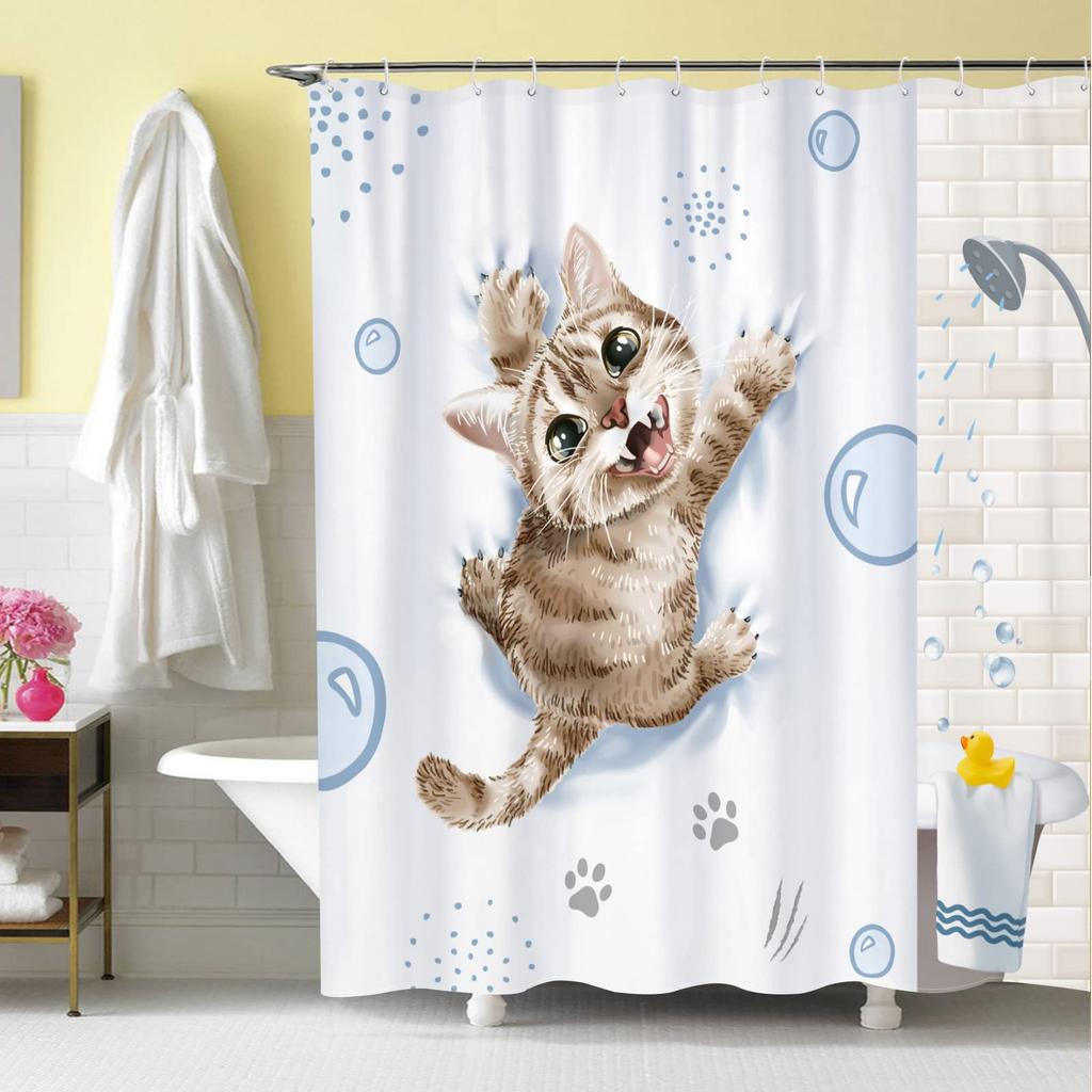 Funny Animals Shower Curtain,Cat Cowboy With Rifle Rides A Horse On Green Grass Ranch With Cow Dog Shower Curtains For Bathroom