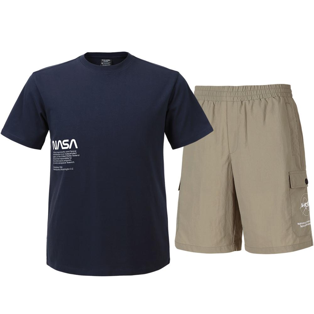 Nasa Unisex Cotton Blend Training T-Shirt + Woven Knee-Length Shorts Set [Navy + Beige] 95