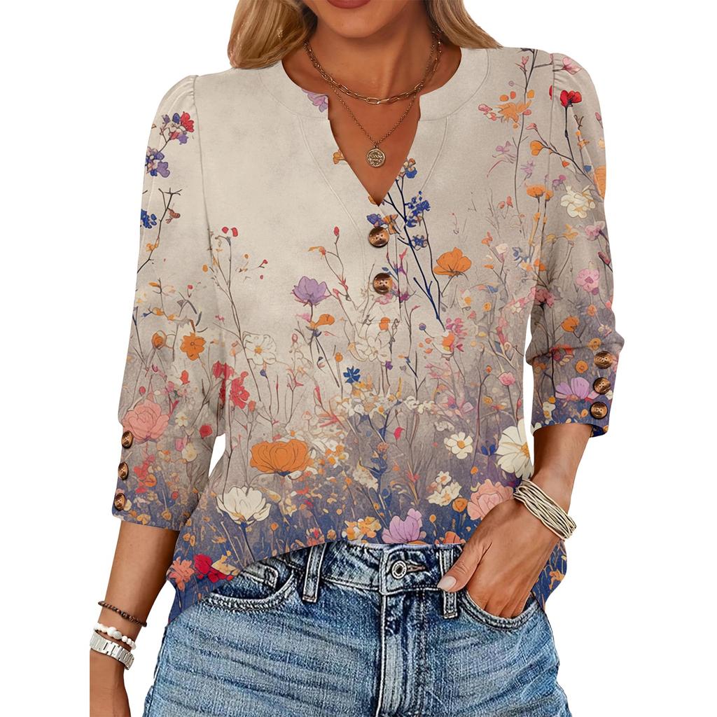 Women's Retro Printed Loose 7-inch Sleeve Top
