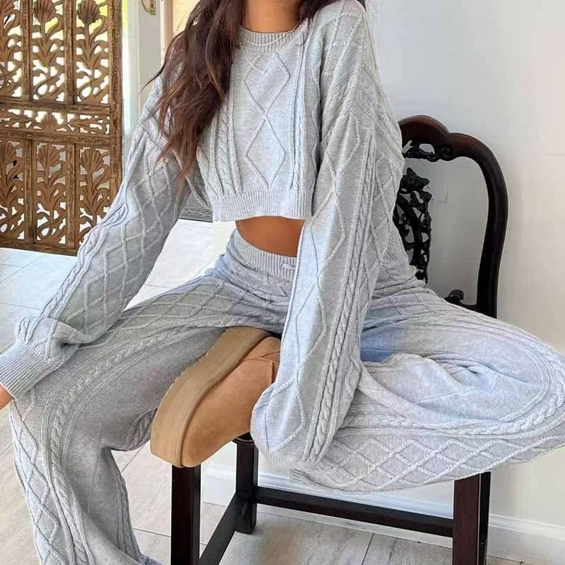 Fashion Wind Loose Knitting Crop Top Top and Trousers Suit Knitted Crop Top and Pants Set