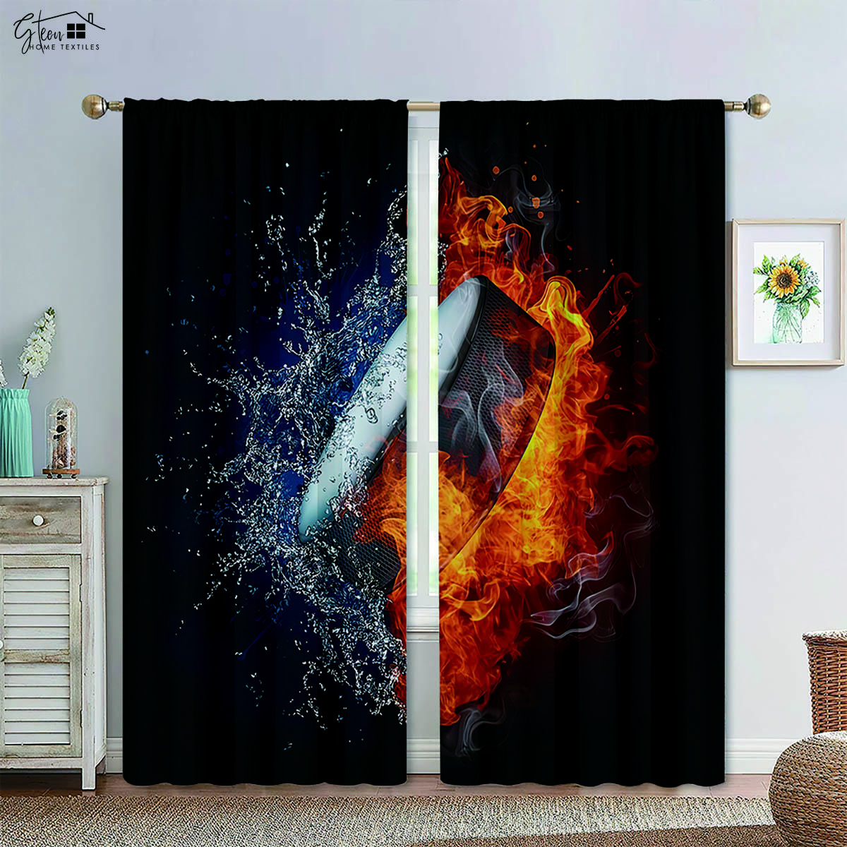 

Basketball Football in Water and Fire Black Printed Curtain Rod Pocket Style Machine Washable Bedchamber Living Area Ornamental Drapes W50xH130(CM)x2PCS&Grommet Top