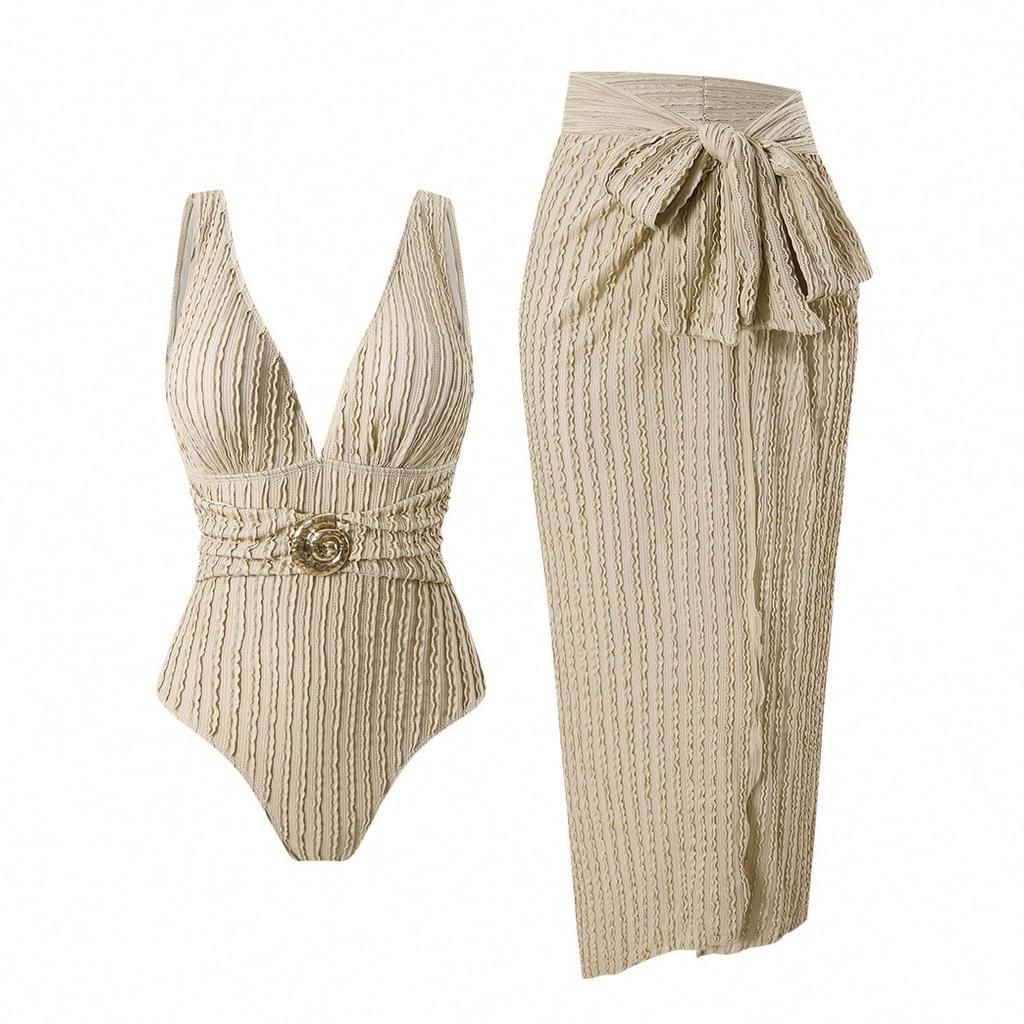 Deep Brown One-Piece Swimsuit with Sheer Wrap Skirt, V-Neck, Bow Detail