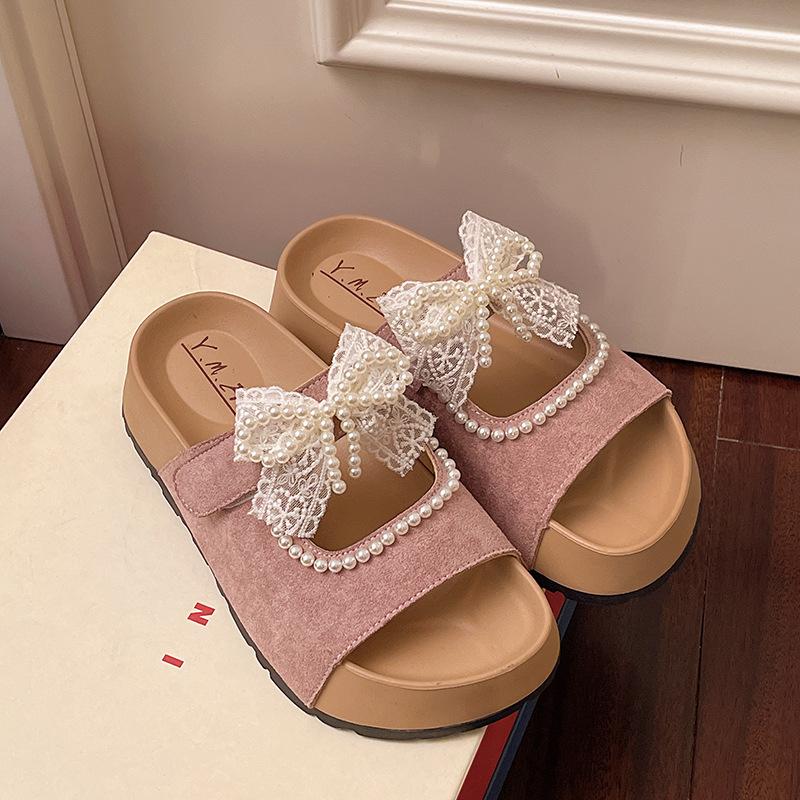 

Thick Bottom Anti Slip Butterfly Knot with Inner Height Increase Mary Jane Slippers Women Fashion Versatile Casual Beach Shoes 40 розовый