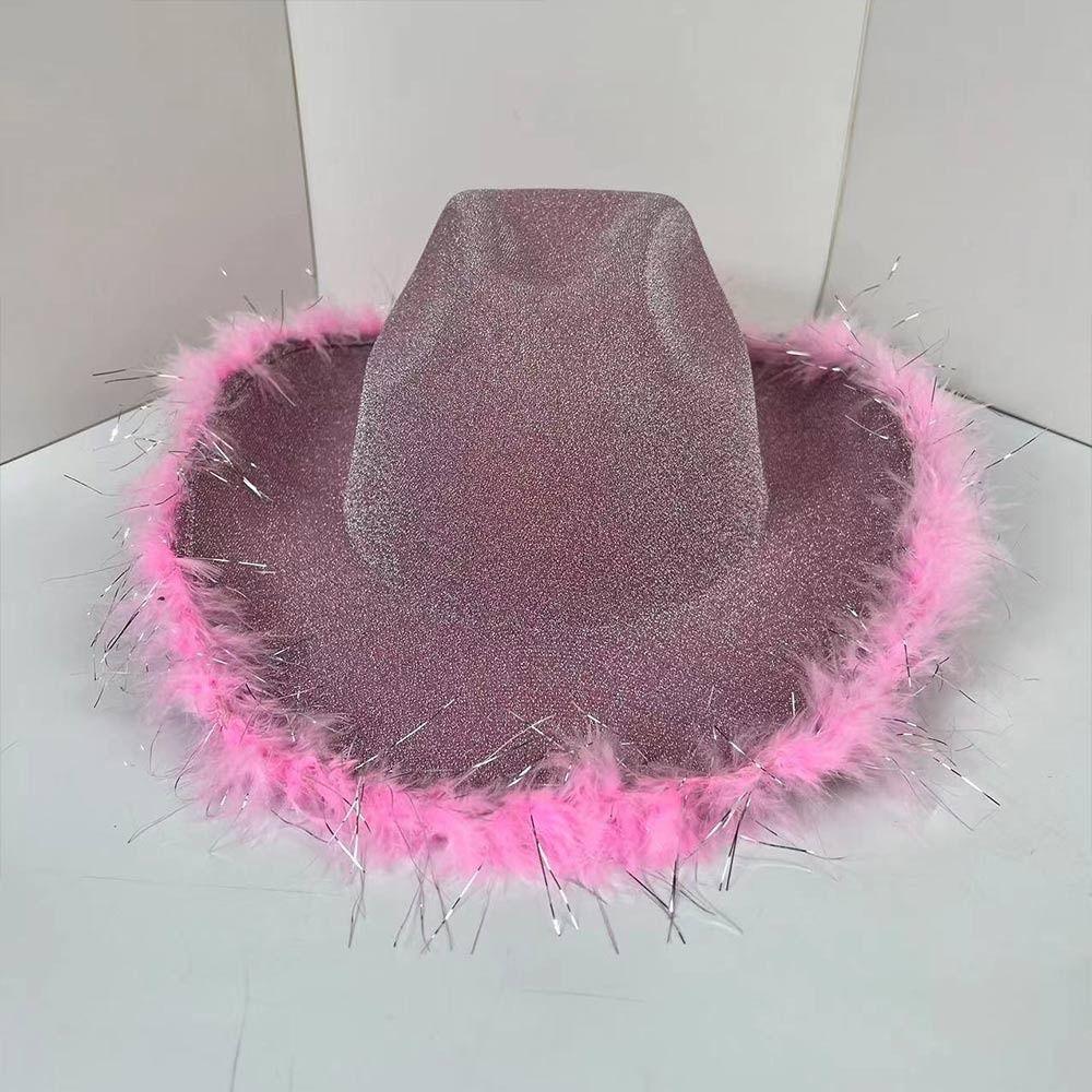 Plush Brim Fisherman Cap Pink Silver Panama Hat Wedding Bachelorette Dress Accessories