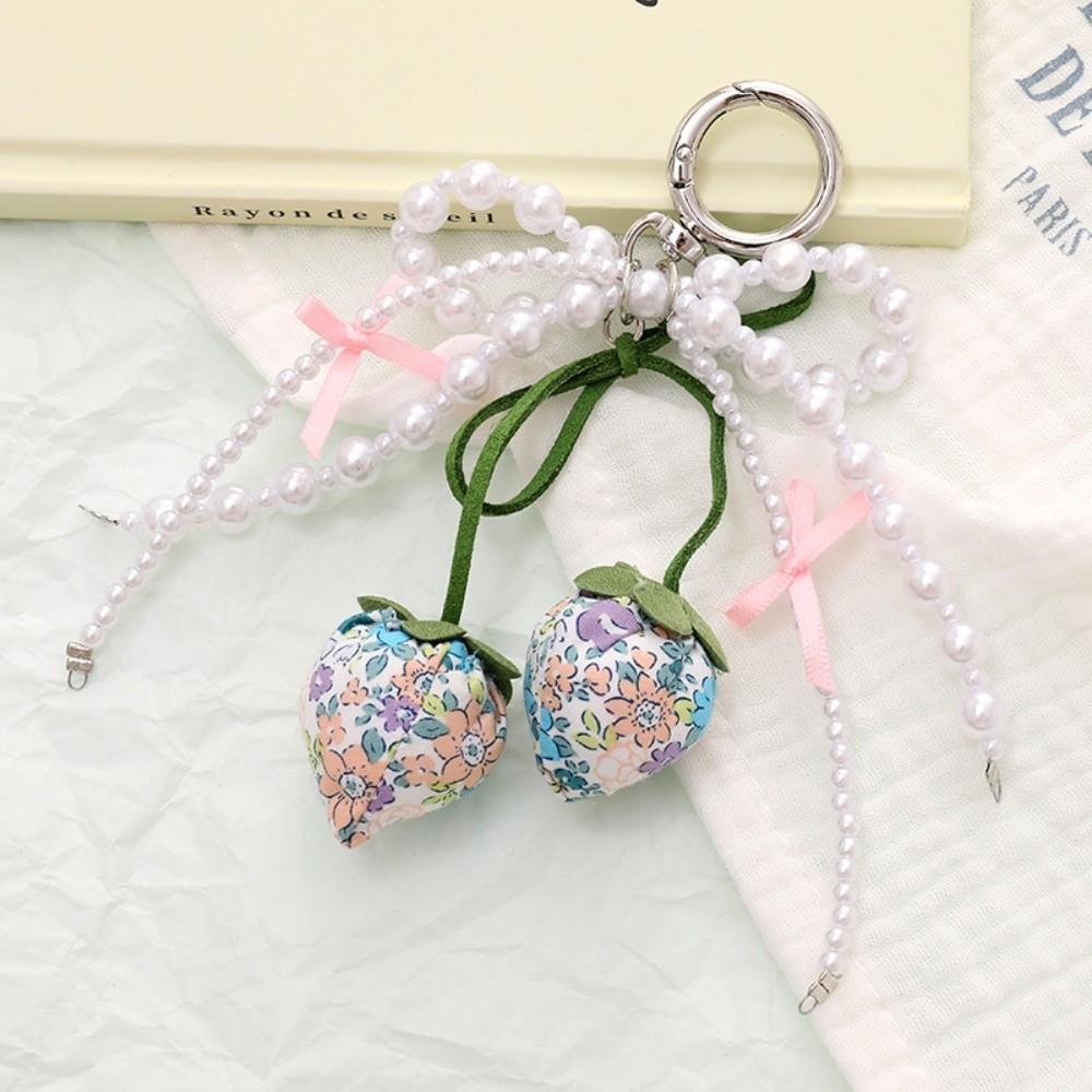 New Ribbon Pearl Strawberry Bow Keychain DIY Jewelry Style Mobile Phone Pendant Bag Charm Pendant Mobile Phone Chain