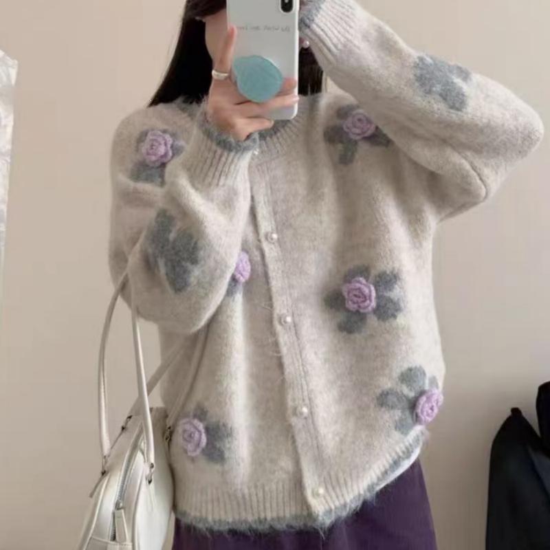 Korean Knit Cardigan: 3D Floral Embroidery, Women's Loose-Fit, Soft-Fluffy Sweater Coat