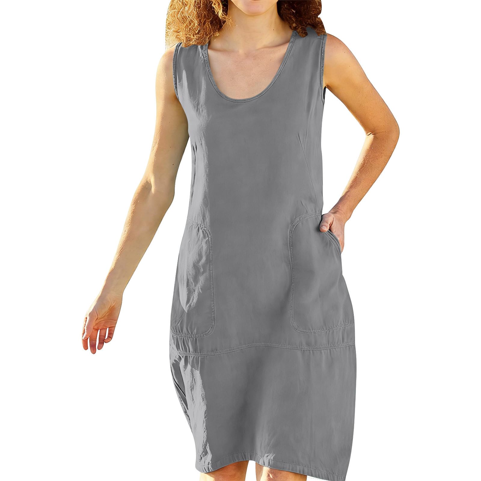 

Womens Fashionable Loose-Fit Sleeveless Cotton-Linen -Color Dress With Pockets XL