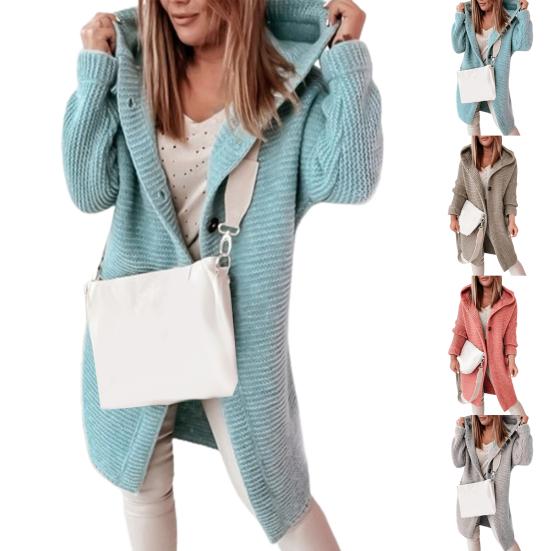 Solid Color Long Sleeve Women Cardigan Autumn Winter Two Buttons Hooded Sweater Coat Outerwear