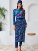 2024 4-Piece Muslim Swimwear Set: Long Sleeve, Print Design, Chest Pad, Hat & Skirt.