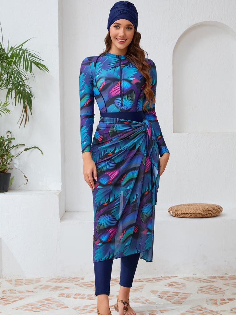 2024 4-Piece Muslim Swimwear Set: Long Sleeve, Print Design, Chest Pad, Hat & Skirt.