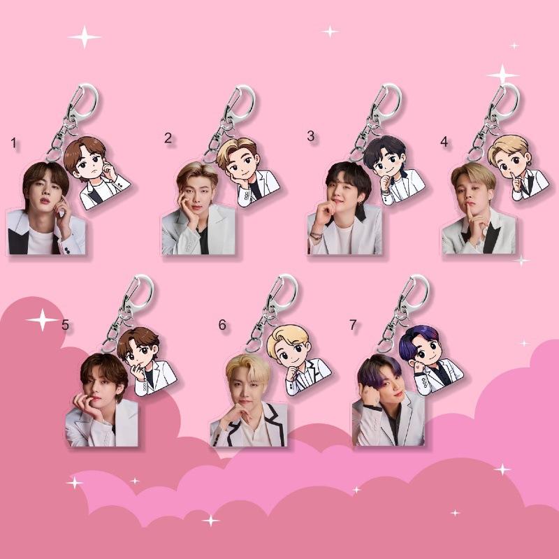 

7 шт. Брелок с двойным подвесом BTS, Bangtan Boys, Белый костюм, Фото и мультяшный брелок, Подвеска на сумку для фанатов ARMY, Подвеска на сумку K-pop айдола для фанатов ARMY 7pcs