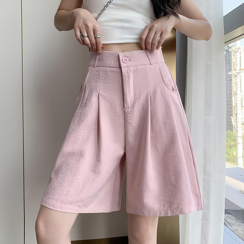 

Suit Shorts Women s Summer Wear High Waist and Thin Casual Five-point Medium Pants Wide-leg Pants S розовый