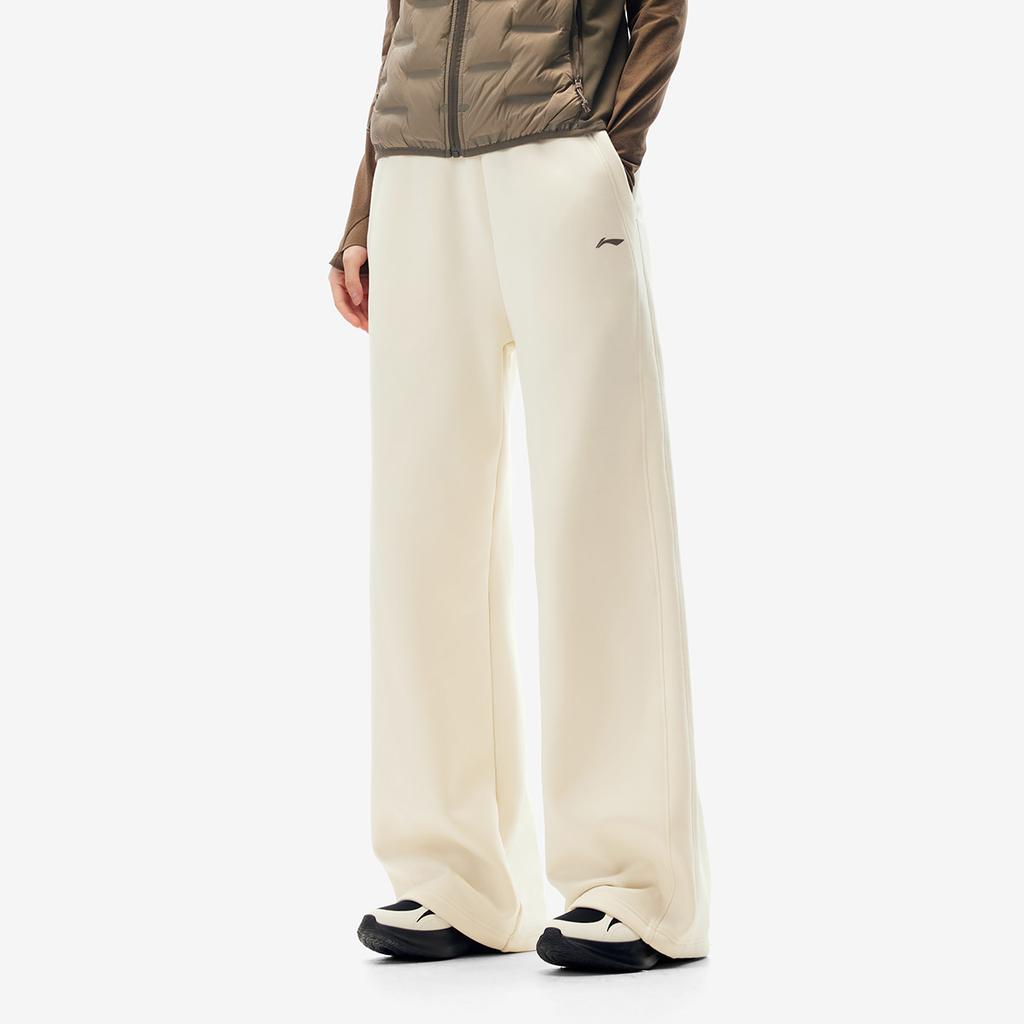 Li Ning Fitness Series Warm Fleece Fashion Wide Leg Mid Waist Casual Knitted Sports Pants Women Pants AKLV972-5
