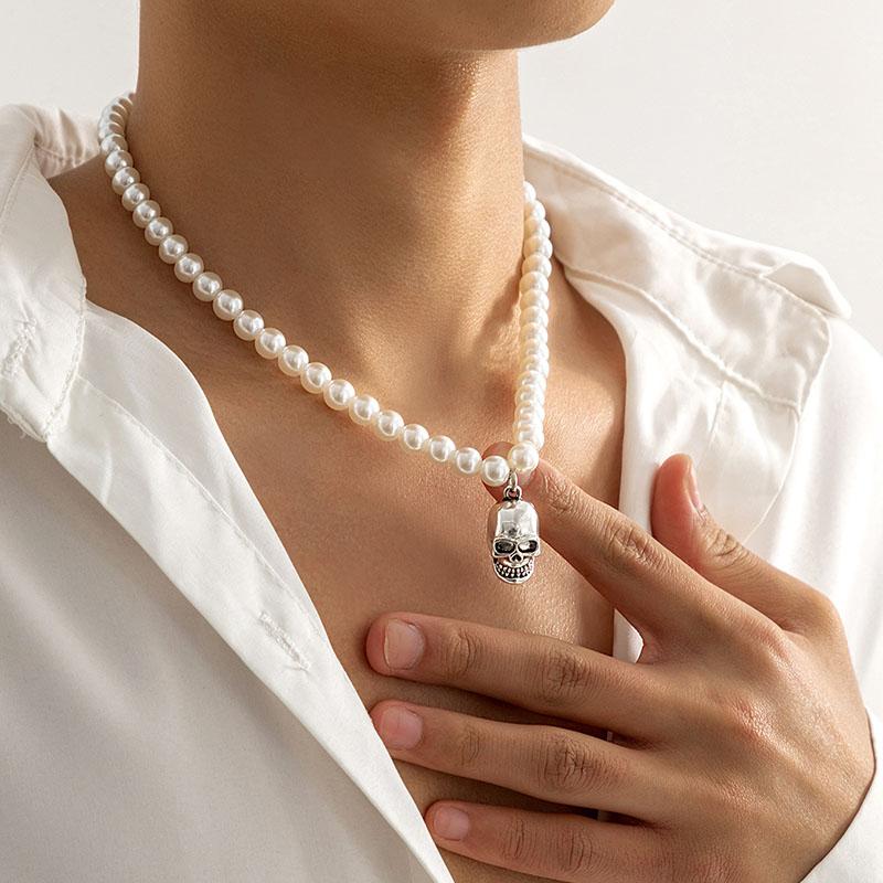 Nouveau Collier de Perles Chaînes de Clavicule Hip-Hop Perles Homme Colliers Tendance Punk Crâne Pendentif Chaînes de Cou