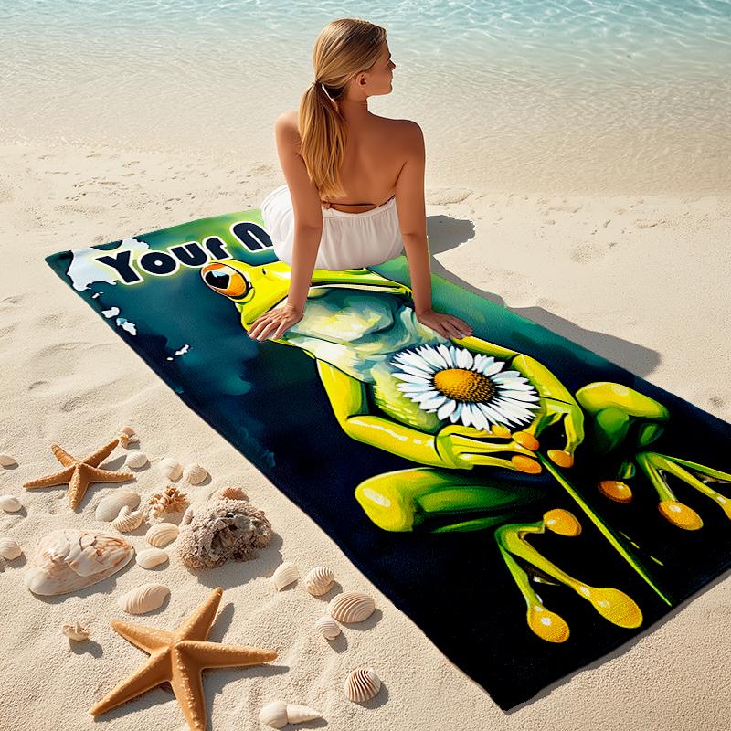 1PC Custom Name Frog Daisy Flower Beach Towel Highly Absorbent And Sand-Resistant Towel for Swimming, Pool, Yoga, And Travel Lightweight