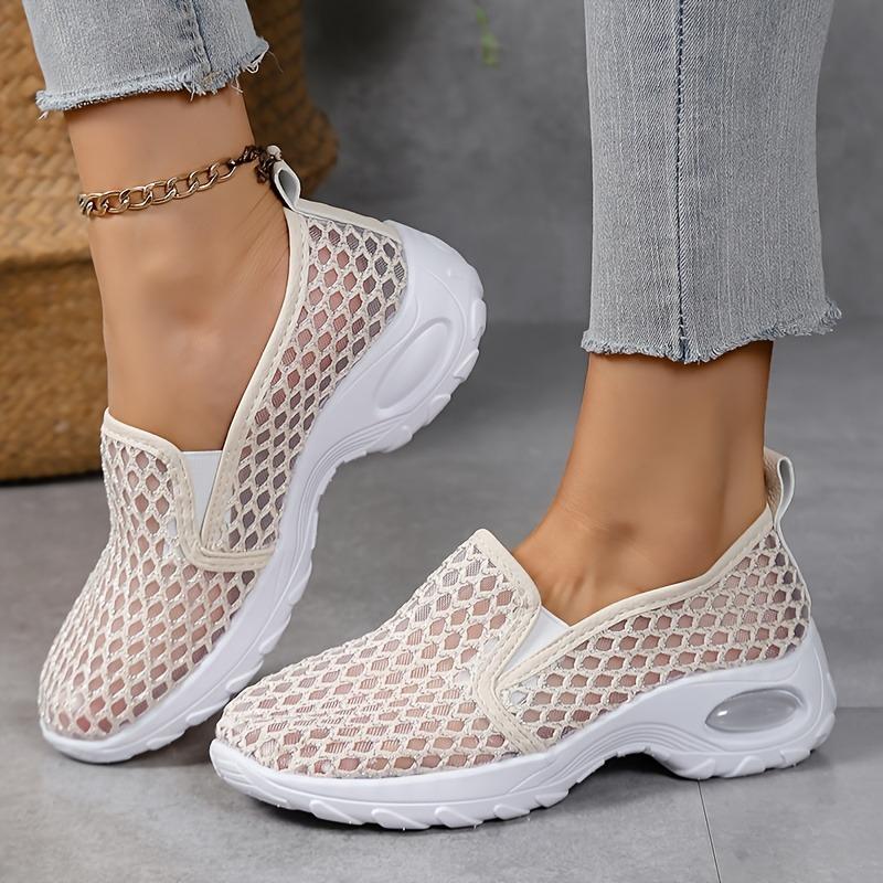 [Breathable Mesh Sneakers] Breathable Women's White Mesh Slip-On Sneakers with Glitter Accents | Mid-Top Support & Rubber Sole for Casual Sports