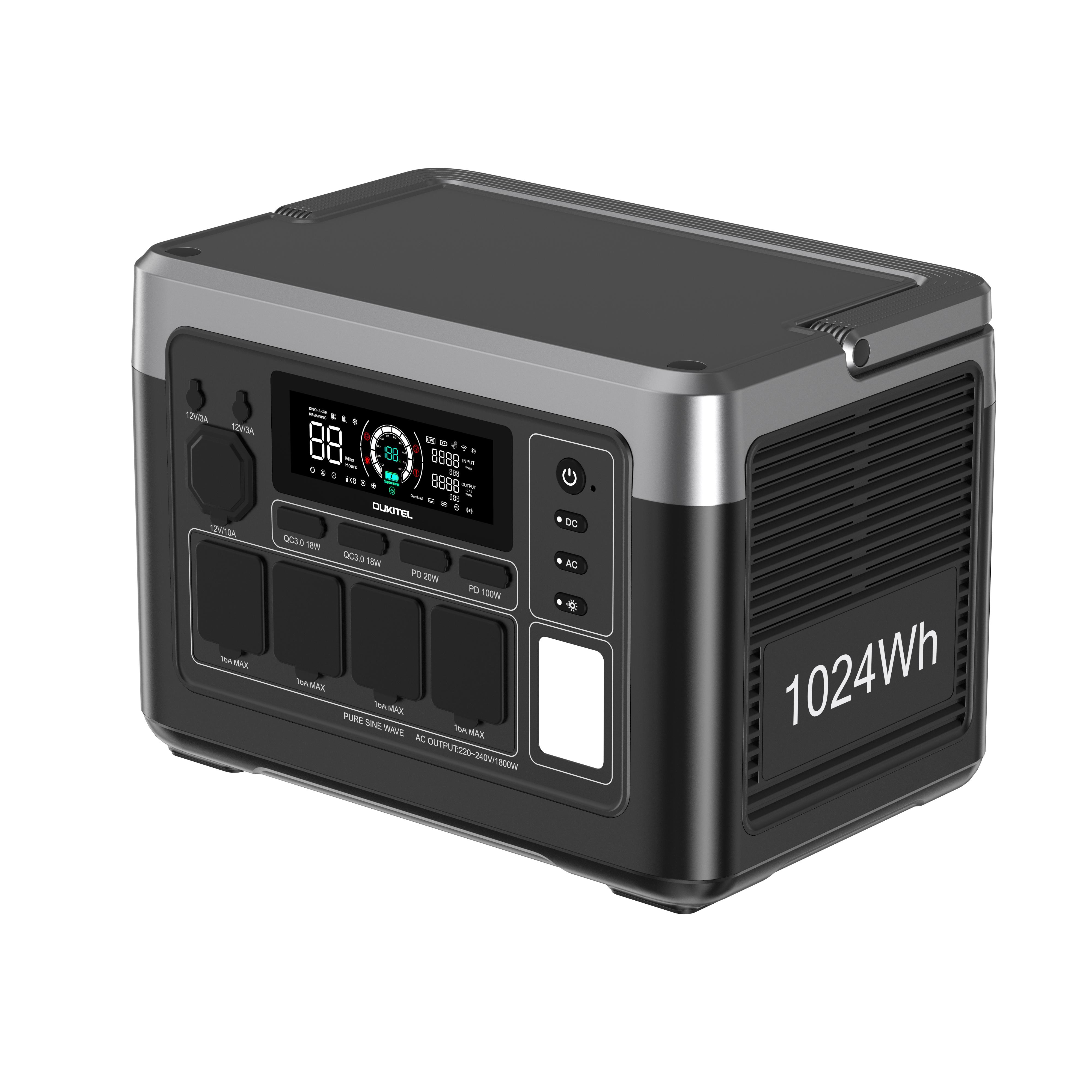 OUKITEL P1000 PLUS Tragbare Powerstation, 1800W 1024Wh Solargenerator mit LiFePO4-Akku, Schnellladung, Intelligente App-Steuerung für den Außenbereich schwarz