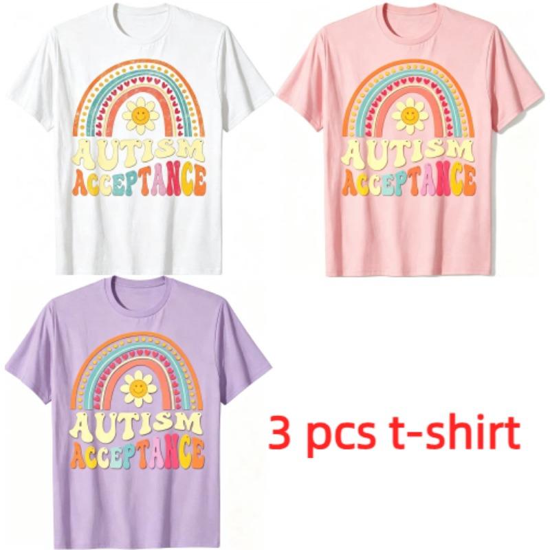 Fun Rainbow Bridge Letter Smile Flower Print Women's T-Shirts Summer Fashion Street Outdoor Casual T-shirt Tops for Men's and Women's Tees Top