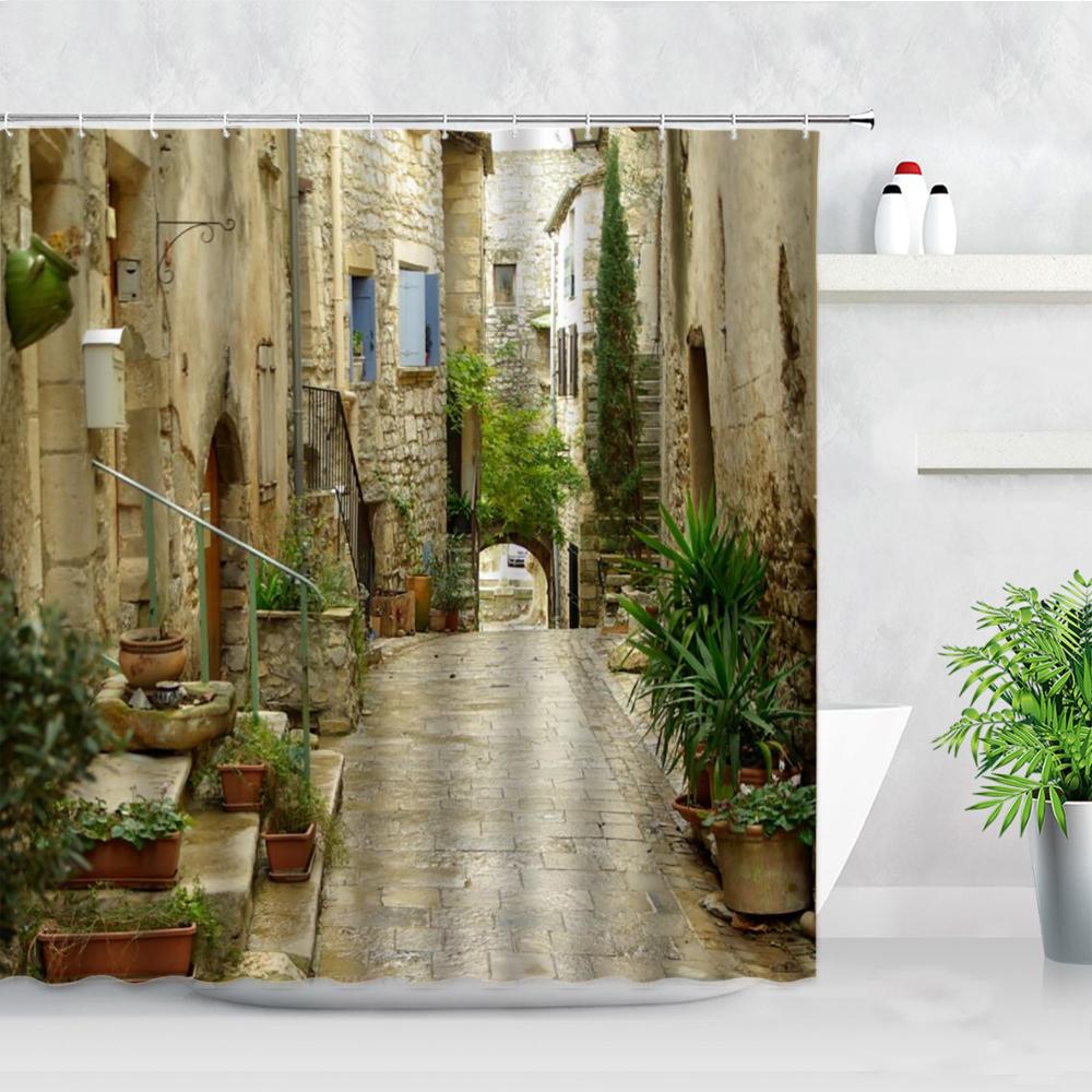 Fleurs Rouges Porte Grecque Bleue Avec Vue Sur Mer Sur Île Rideaux de Douche Tissu Imperméable Ensemble de Rideaux de Salle de Bain Décoration de Baignoire pour la Maison