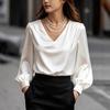 Damenhemd Langarm V-Ausschnitt Puffärmel Satin-Textur Pullover Tops Einfarbig Lockere Passform Arbeit Party Date Reise Freizeit-Tops