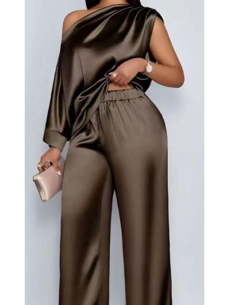 

Women One Shoulder Draped Sleeveless Solid Color Satin Wide Leg Pants set 3XL темно-коричневого кольору