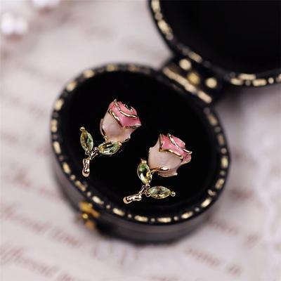 Cute Female White Enamel Gold Color Pink Flower Stud Earrings Lovely Bridal Wedding  For Women