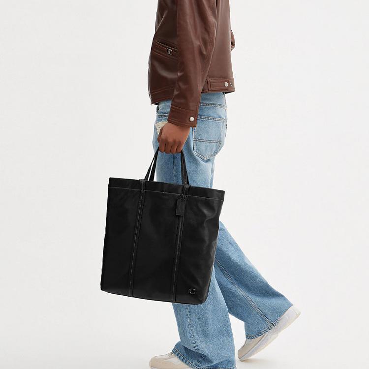 Coach Hall 35 Solid Color Logo Stripe Seam Zipper Pocket Leather Tote Bag Men tote bags Black CO839-BLK