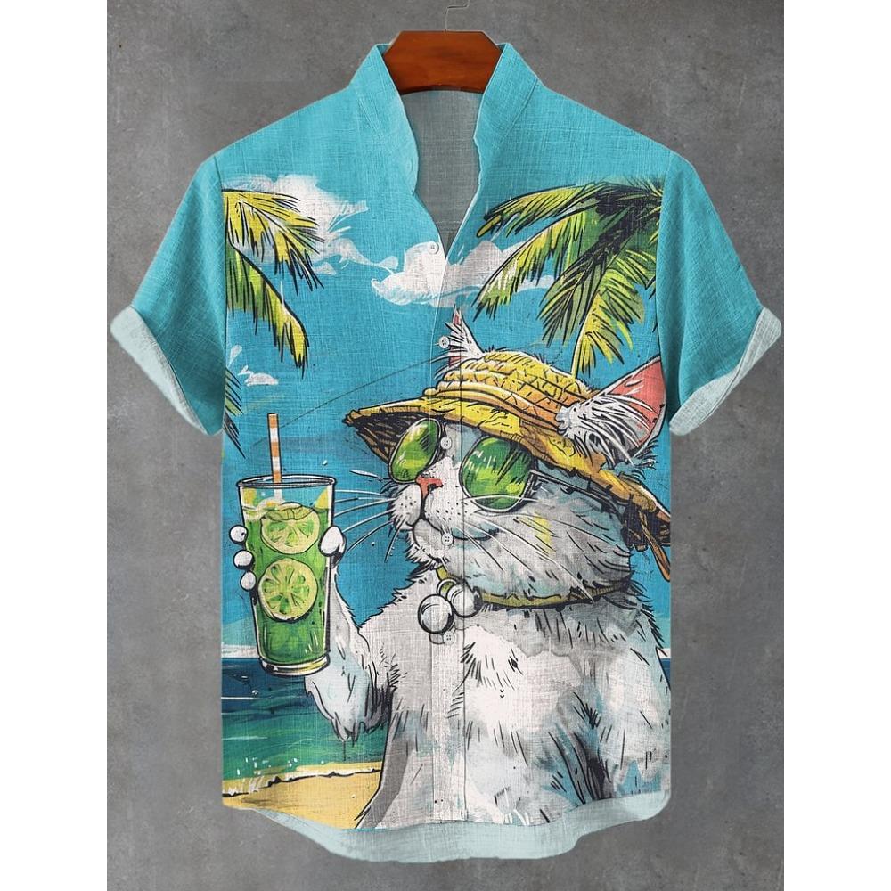 Men's Sunflower Cat All Over Art Print Shirts 3D Anime Hawaiian Shirt Men Women Short Sleeve Lapel Blouse Oversized Y2k Top