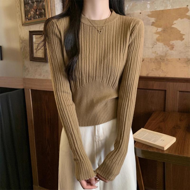 Autumn clothing winter design sense pit strip slim short sweater women's inner top Andy fleece bottoming knitted sweater