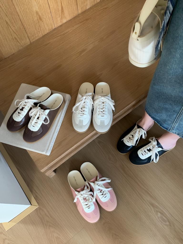 2025 Spring New German Training Shoes Sports Flat White Shoes Lace-up Board Shoes Women's Casual Lace-up Color Matching Slippers