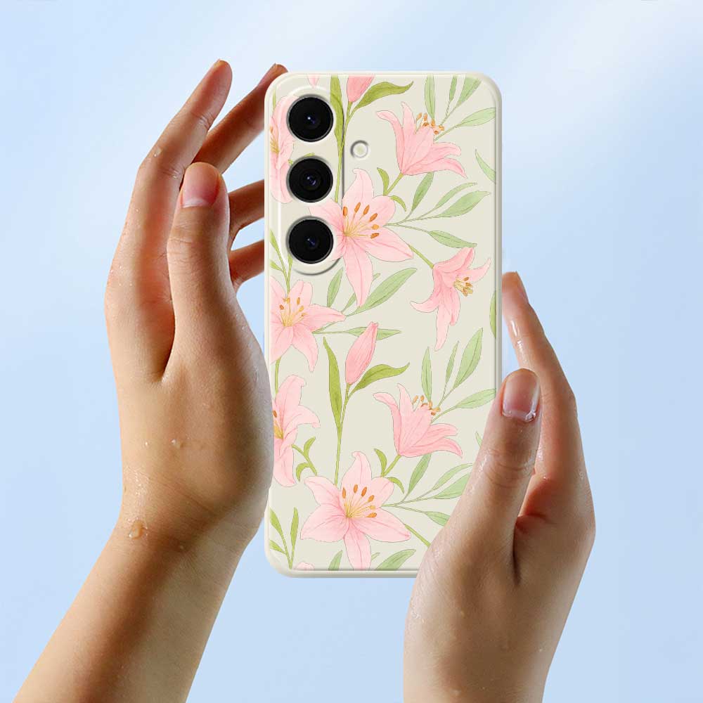 For Samsung Galaxy S25 FE Case Pink Lilies Pattern Printing Straight Edge TPU Phone Back Cover