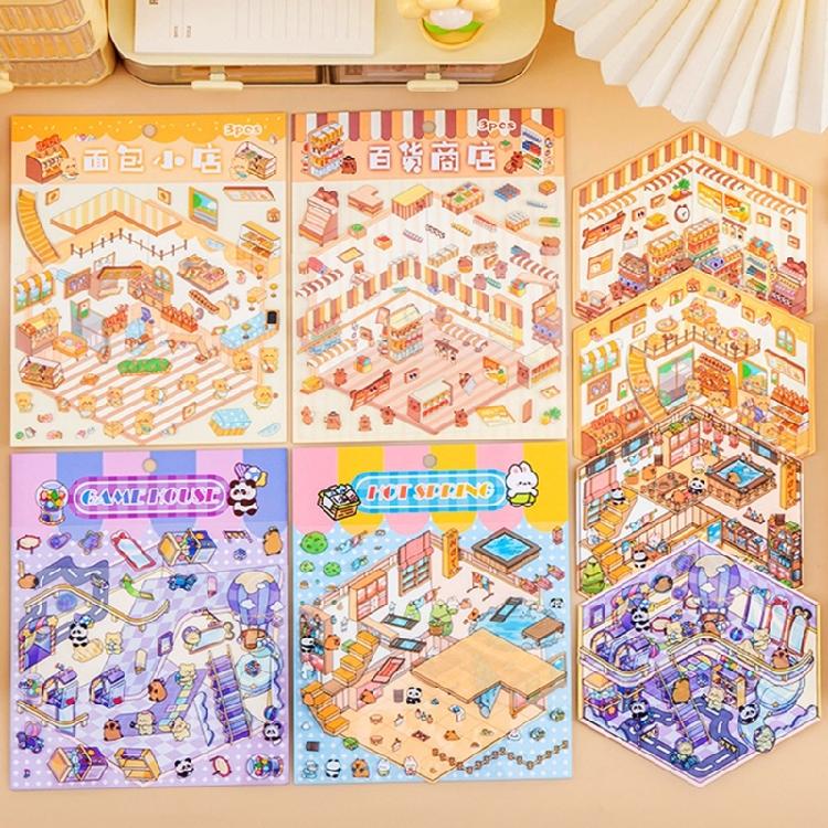 Fun 3D Miniature Scene Sticker Cartoon 3D Scenery Sticker Scrapbooking Sticker for Journal Phone Covers Water Bottle