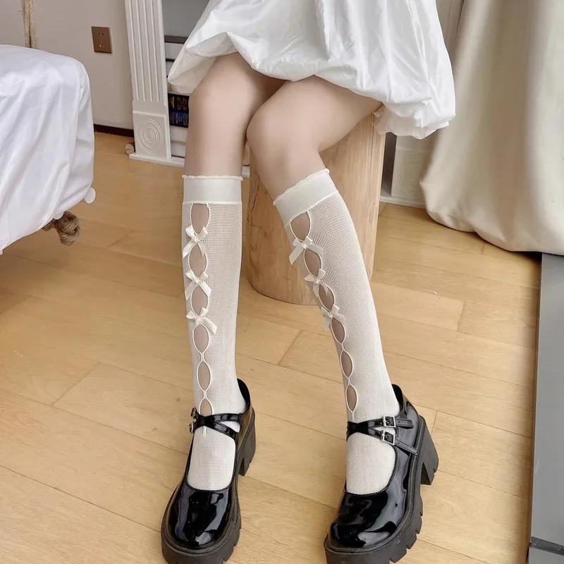 Lolita Women Stockings JK Japanese Style Long Socks Hollow Out Velvet Bow Thigh High Socks Elastic Sweet Kawaii Cute Knee Socks