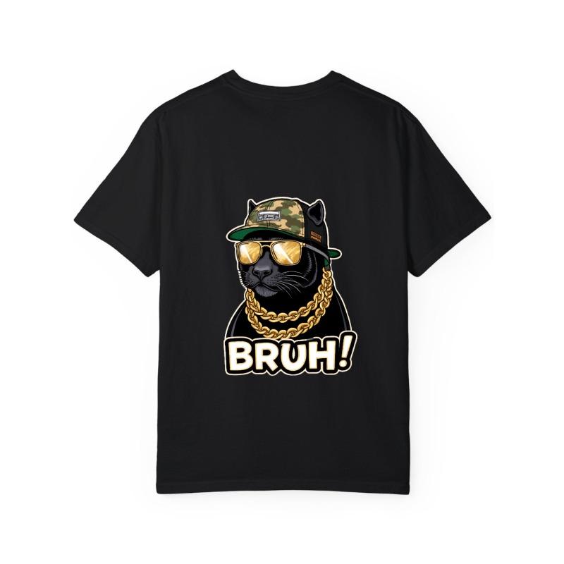 Crewneck T Shirt White Panther with Camo Hat Gold Chains and Sunglasses Bruh Text Streetwear Casual Wear for Men and Women