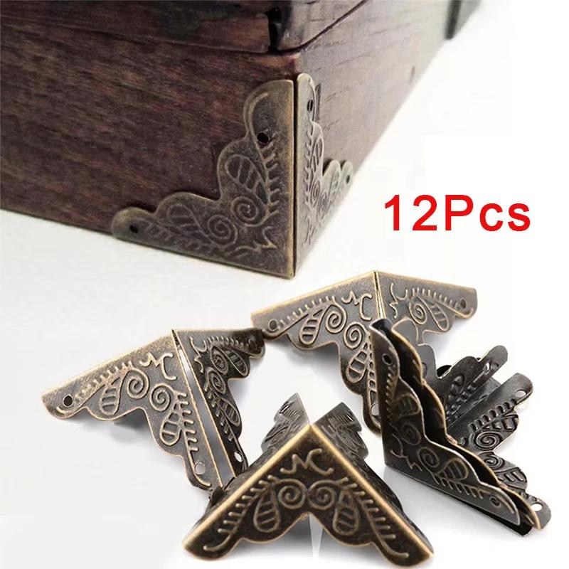 12 Pcs Corner Brackets Bronze Triangle Carved Cabinets Corner Protector For Home Furniture Decor Wooden Box Edge Protect Bracket