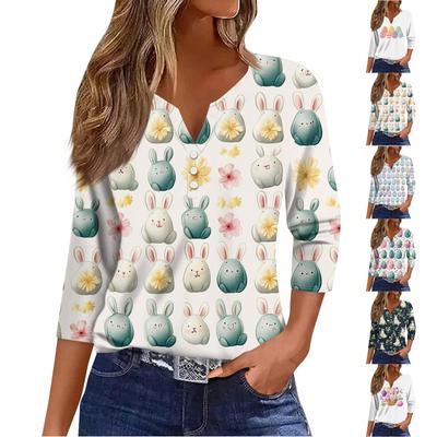 Women's T Shirt Tee Print Button 3/4 Sleeve Daily Weekend Fashion Basic V Neck Regular Top