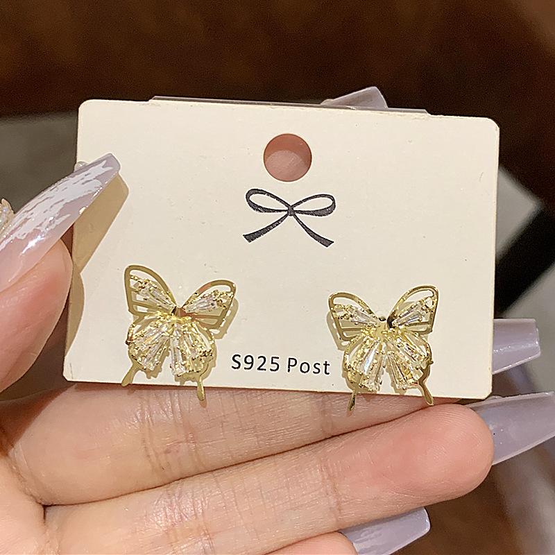 111 silver needle micro-inlaid zircon three-dimensional butterfly stud earrings women s niche design high-end earrings temperament versatile earrings 925 silver needle