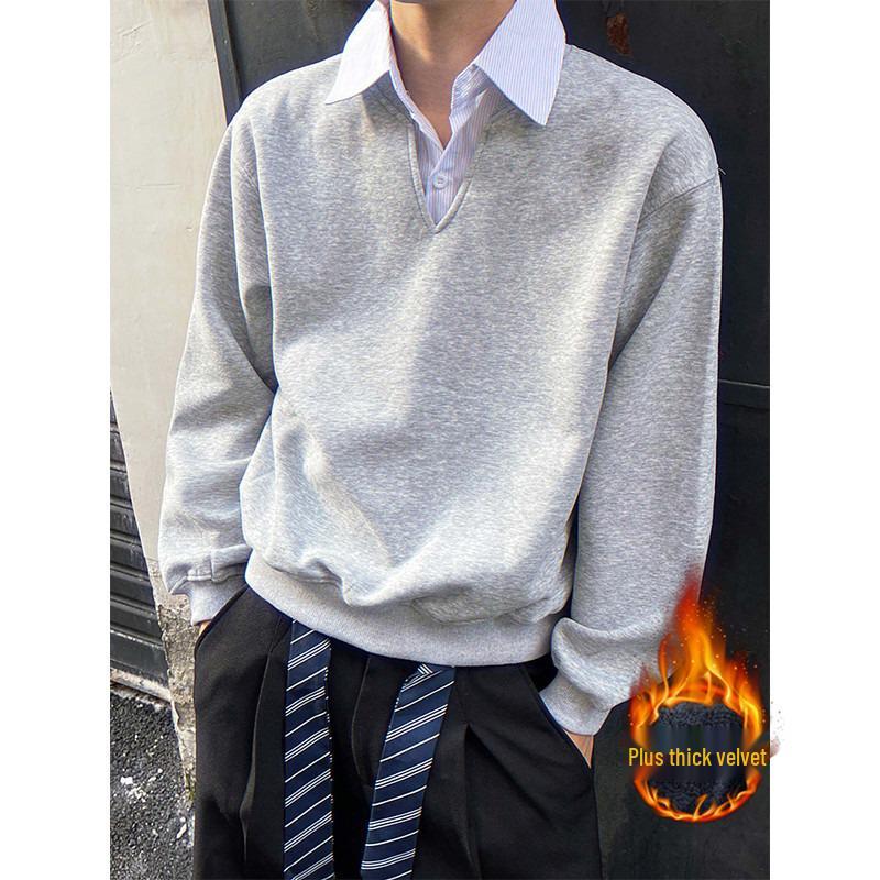 Men's Black Two-Piece Style Polo Hoodie with Velvet Collar - College Style, Long Sleeve, Autumn/Winter