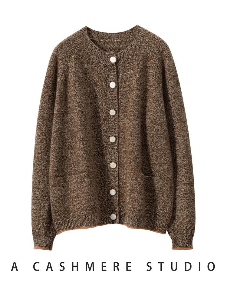 Women's Thickened Cashmere Cardigan - Autumn/Winter, Long Sleeve, Round Neck, Loose Fit, Single-Breasted Knitwear.