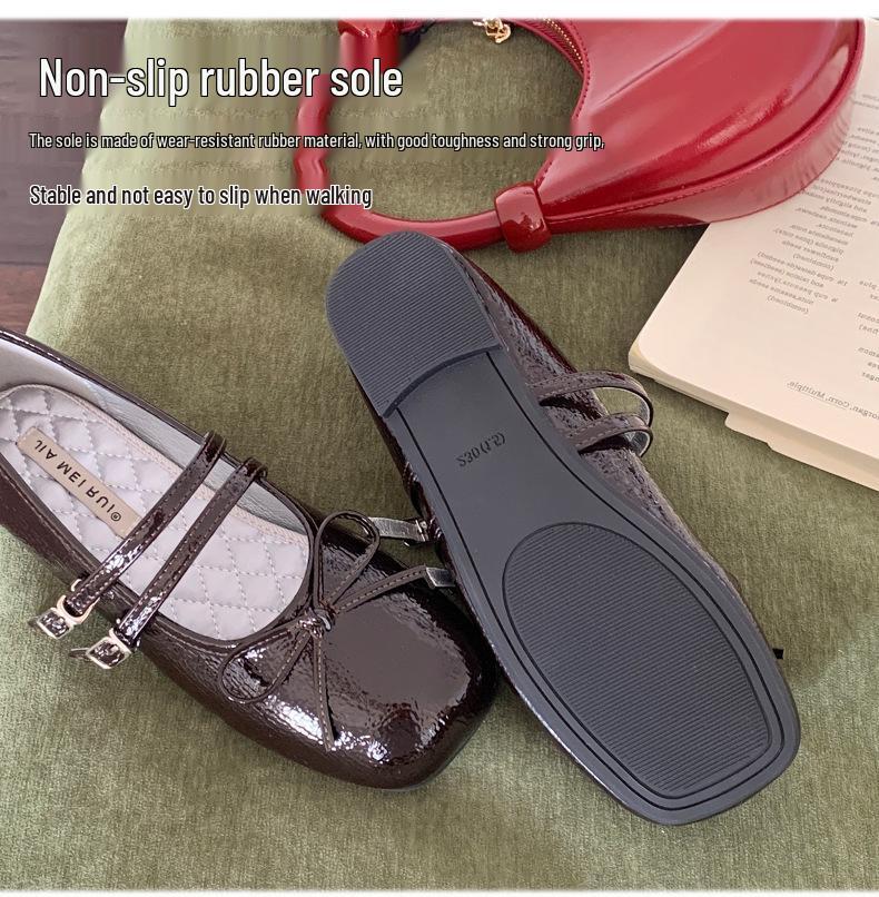In Stock Rockfish Patent Leather Mary Jane Ballet Flats with Double Strap Bow - Women's Round Toe Low-Cut Shoes