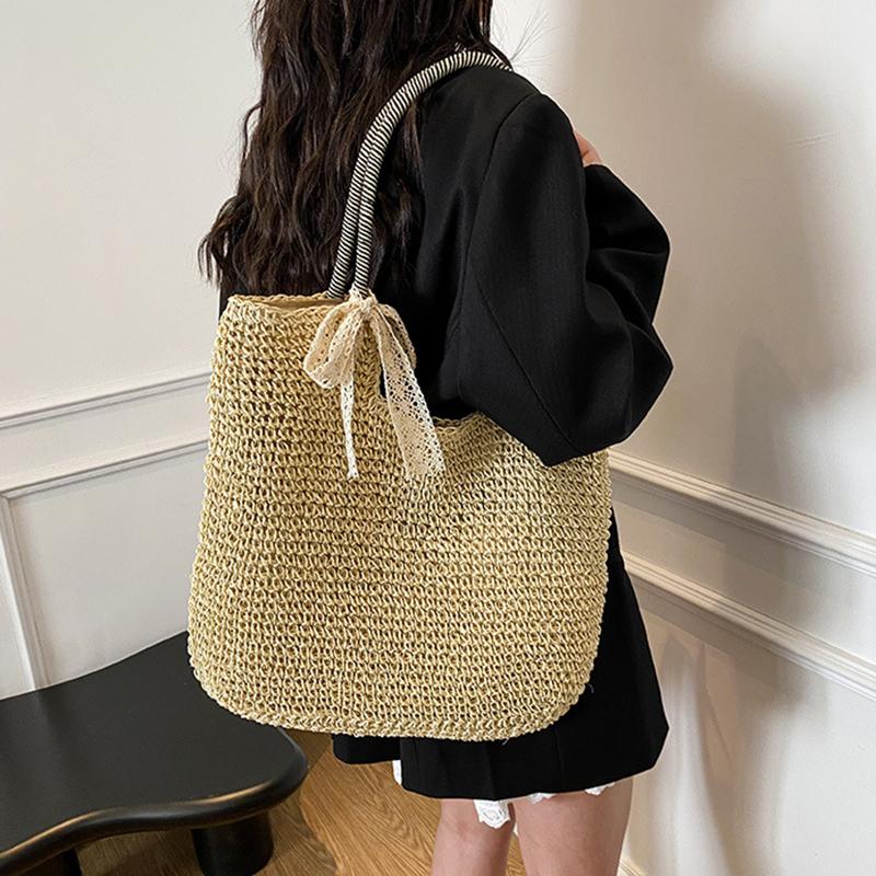 Yogodlns Woven Beach Bag Vintage Handmade Woven Shoulder Bag Raffia Rattan Bags Bohemian Ladies Summer Travel Vacation Casual Tote Bag