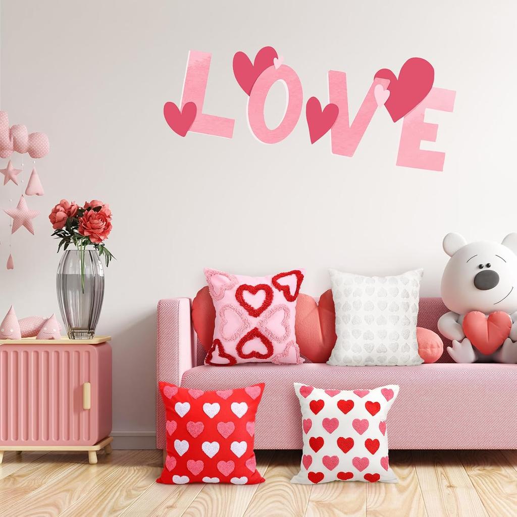 4 Pcs Valentine's Day Throw Pillow Covers 18x18 Inch Red Pink Heart Pillow Cases Soft Heart Shape Embroidery Cushion Covers for Valentine's Day Couch