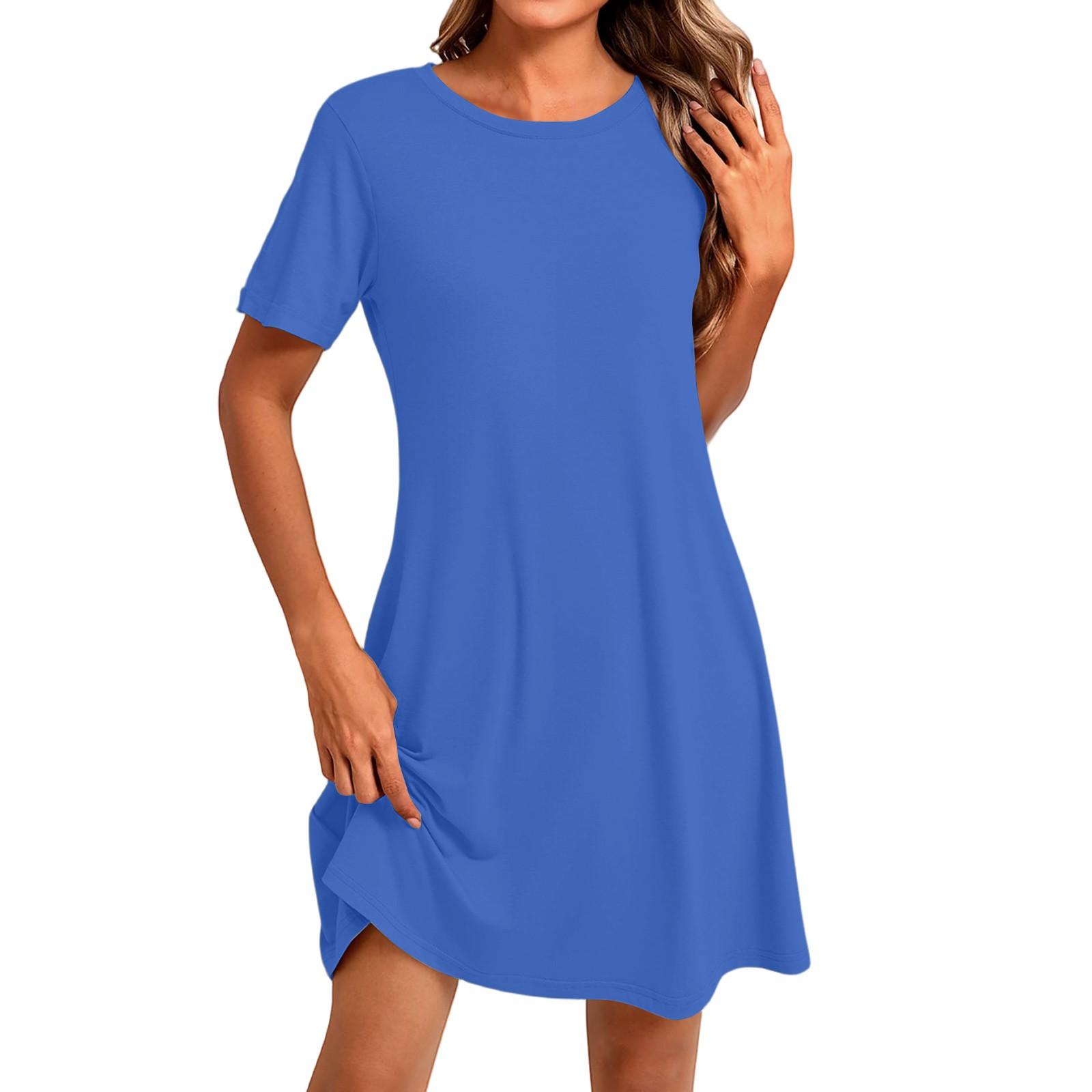 

Женское модное повседневное однотонное короткое платье с круглым вырезом и коротким рукавом XXL синий