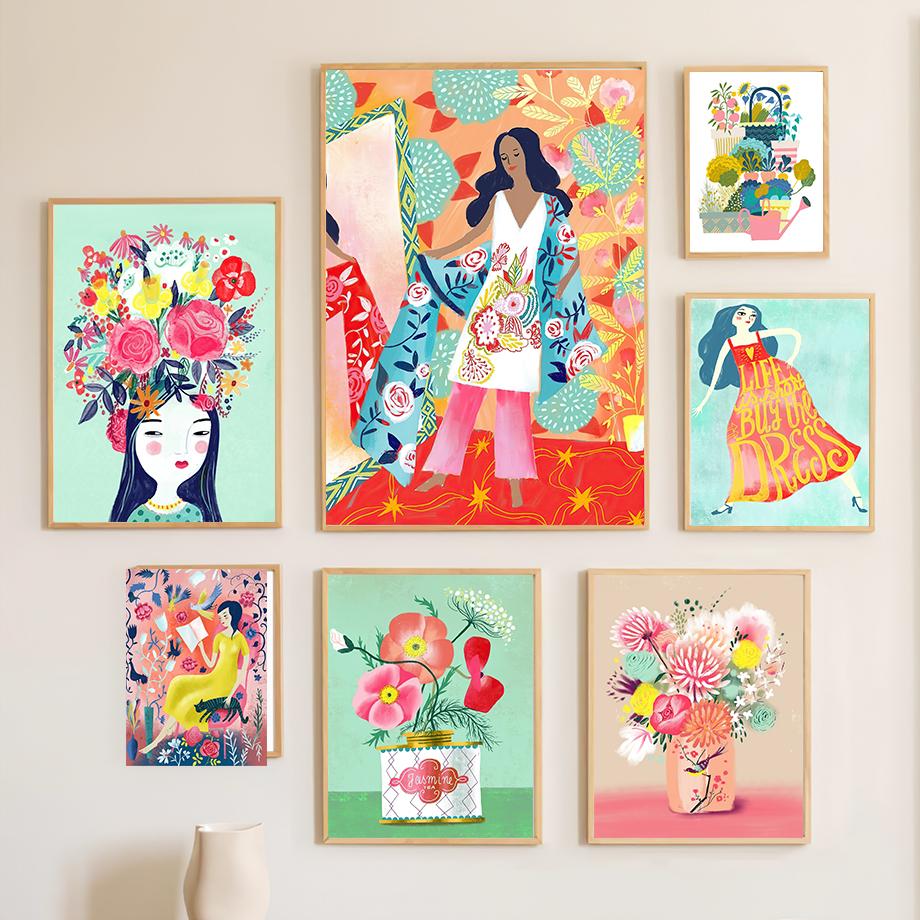 Boho Colorful Girl Vase Flowers Illustration Wall Art Canvas Painting Abstract Posters and Prints Pictures For Living Room Decor