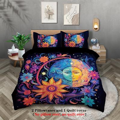 3-teiliges Bettwäscheset mit Sonnen- und Mondgesichtsmusterdruck, 1*Bettbezug+2*Kissenbezug, für Teenager- und Erwachsenenschlafzimmer, Geburtstagsgeschenk