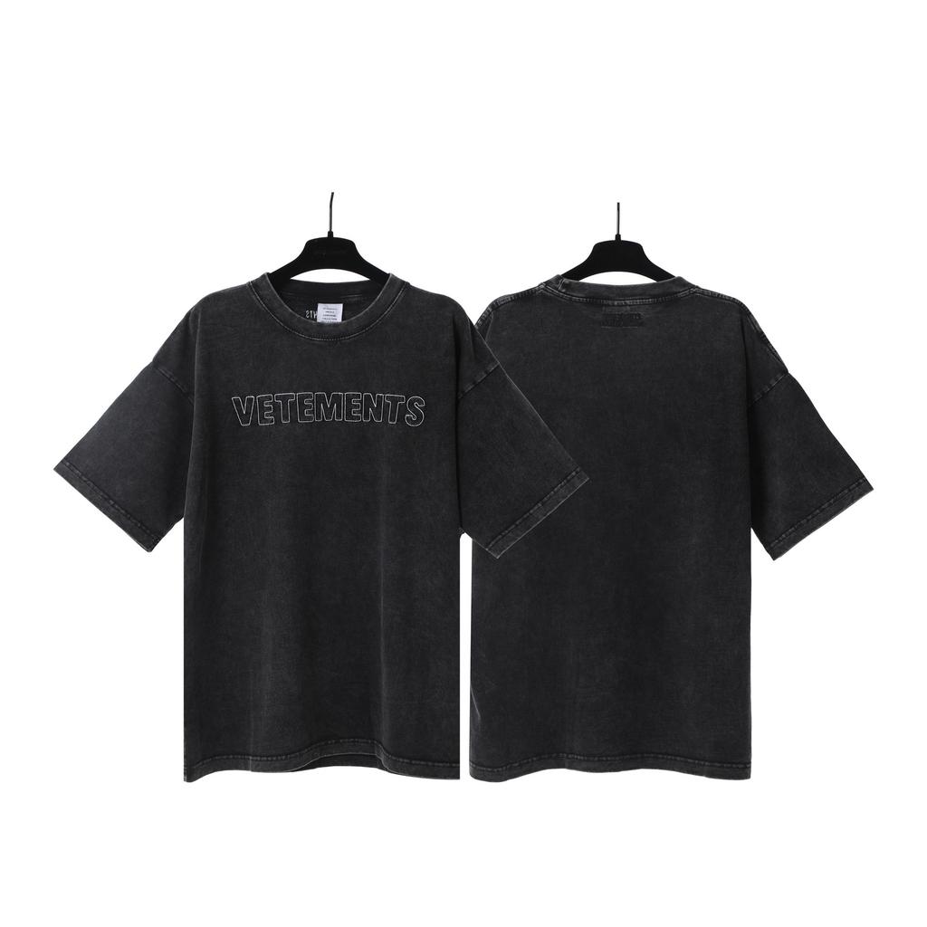 T-shirt in cotone puro a doppia filatura, lavata e invecchiata, con stampa di lettere Vetements, versione alta transfrontaliera, per uomo e donna