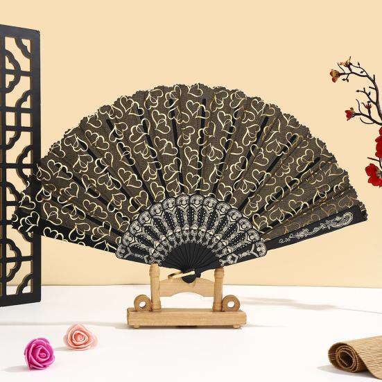 Ventaglio Pieghevole con Stampa Cuore Amore Stile Cinese Stecche Vuote Tessuto Ventaglio a Mano Ventaglio Portatile per Rinfrescarsi Oggetti di Scena per Danza Feste